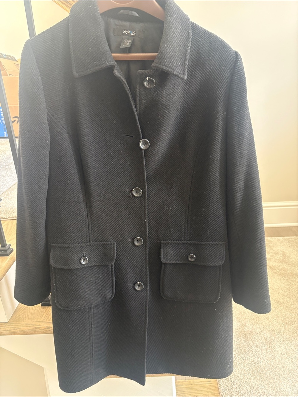 Style & Co. Black Textured Wool-Blend Pea Coat